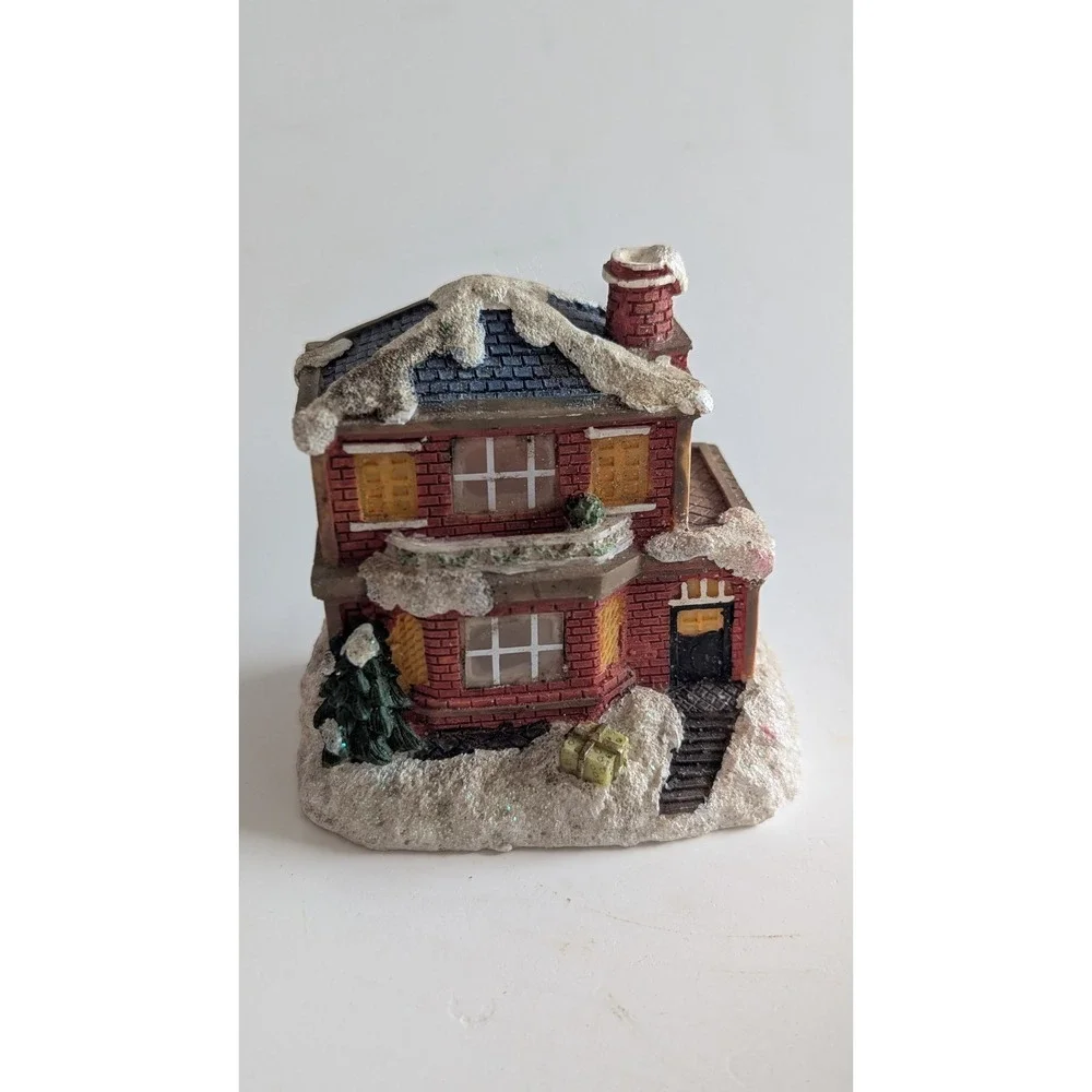 Miniature Christmas Village House Red Brick Snow Glitter Battery Operated 4.25in